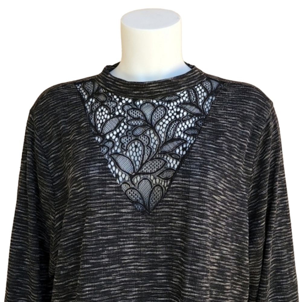 Heathered Black Lace Top 2X Bell Sleeve Knit Tunic Plus Size Feminine Flowy - Picture 14 of 16